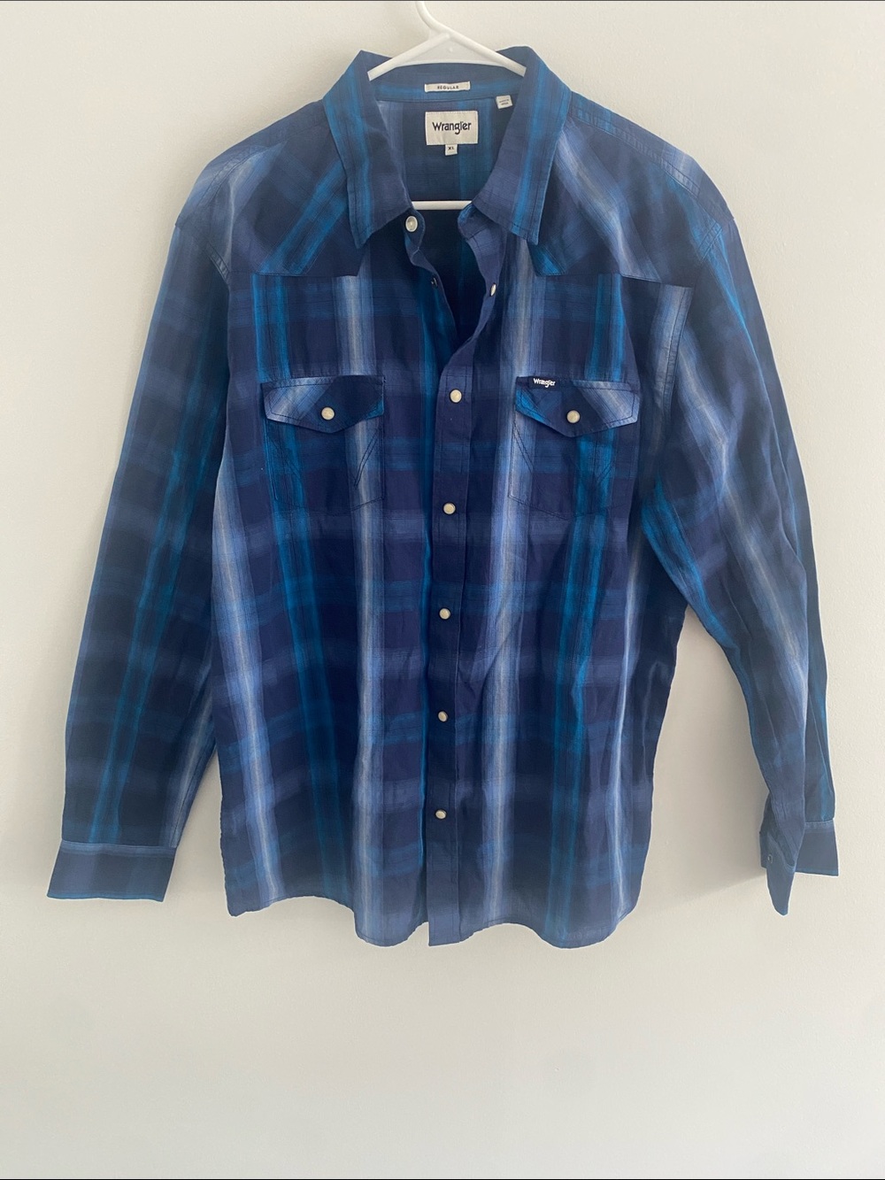Wrangler Cotton Retro Western Pearl-snap L/S Plaid Shirt Navy Teal Cream Size XL